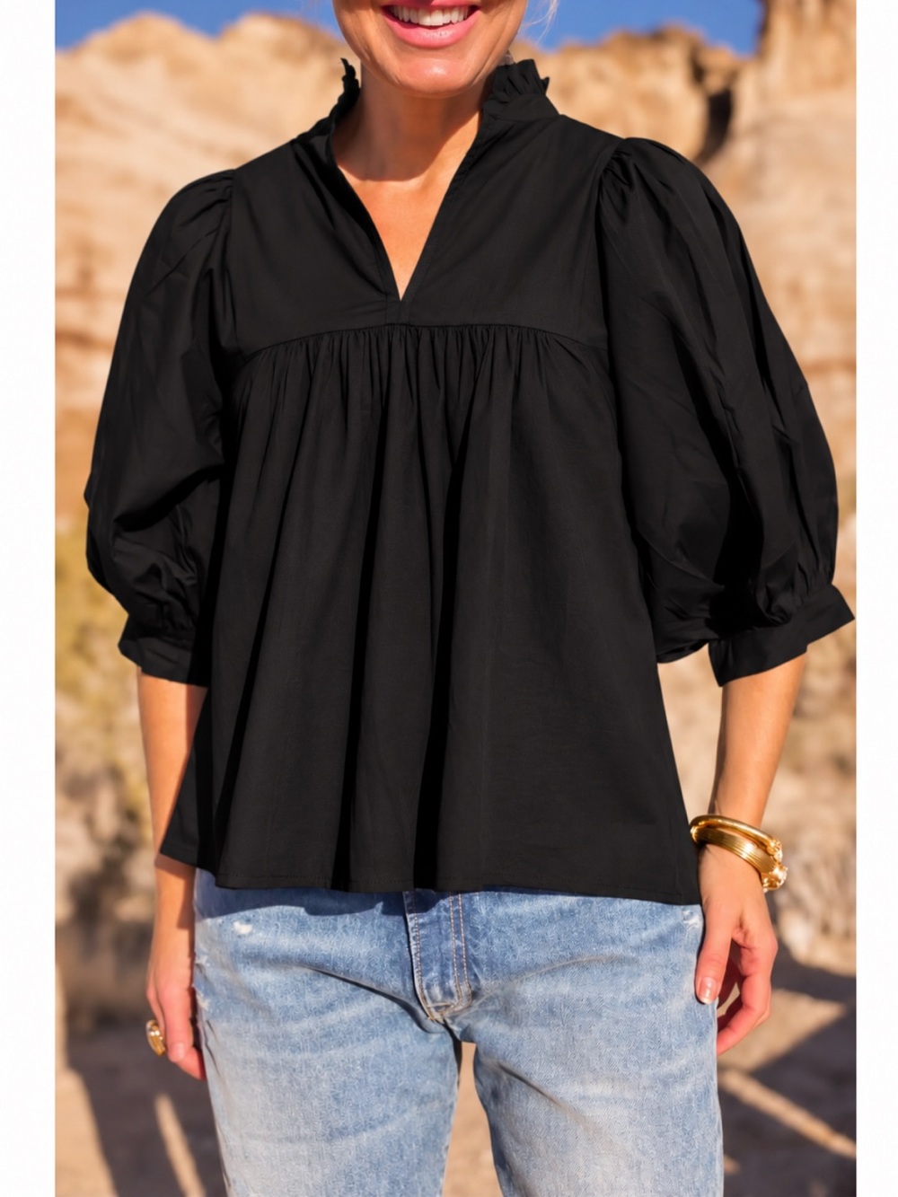 Never A Wallflower High Neck Black Puff-Sleeve Top Preppy Cotton